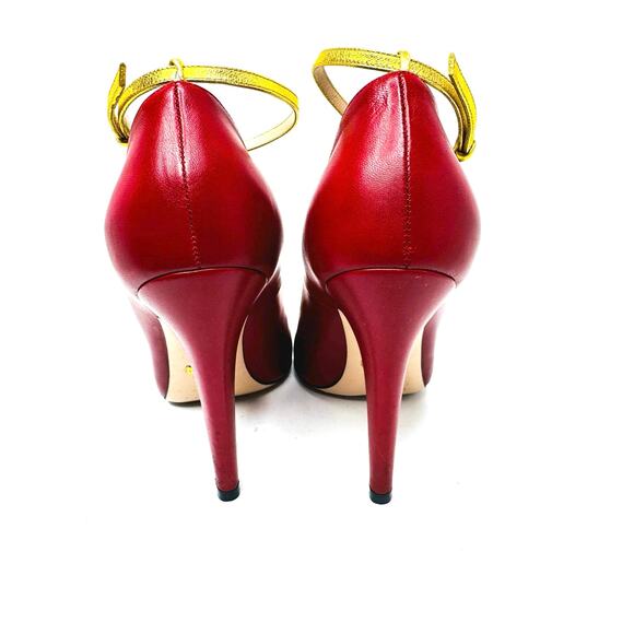 Gucci Molina Embroidered Lips T-Strap Red/Gold Leather Pumps 37.5 - Picture 6 of 11